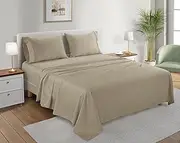 100% Organic Cotton Queen Sheets Set, 4Pc Queen Size Bed Sheets, Cooling Bed Sheets, Soft, Breathable Queen Bed Sheet Set, GOTS Certified Silky Sateen Sheets, Deep Pocket Queen Fitted Sheet - Tan