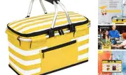 Insulated Picnic Basket,Leak-Proof Collapsible 26L-LeakProof Yellow Stripe