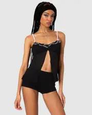 EDIKTED Womens Sheer Split Front Babydoll Top BLACK
