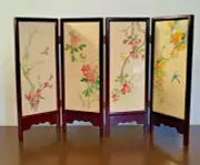 Painted Birds Floral Oriental Wood Folding 4 Section Small Divider Screen Decor