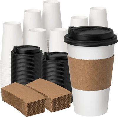 16 Oz 100 Pack Disposable Paper Coffee Cups with Lids & Sleeves, to Go Hot Cups