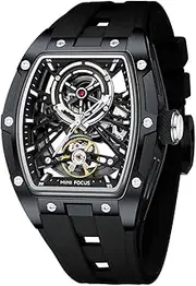 MF MINI FOCUS Unique Men Watches,Automatic Mechanical Watch,Luxury Hollow Tonneau Watches for Men with Stainless Steel Case and Silicon Band (Self-Wind Movement/5ATM Waterproof/Super_Luminous)