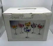 Royal Danube Large Hand painted Flower Wine Glasses Set Of 6