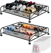 RJ-Global Under Bed Shoe Storage With Wheels, 2 Pack Organizer With Metal & Mesh Cloth, Rolling Storage Containers, Shoe Rack for Apartment Space Saving (Large)