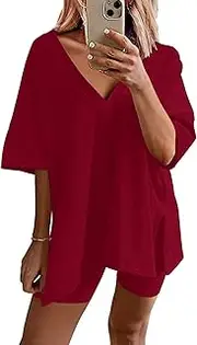 [Ekouaer] Womens Pajamas 2 Piece Lounge Sets Oversized V Neck T-Shirts Tops Biker Shorts Set Workout Reversible Tracksuit Wine Red, Large, Wine Red