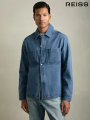 Reiss Light Blue Wash Tore Cotton-Denim Button-Through Overshirt (AD5009) | $280