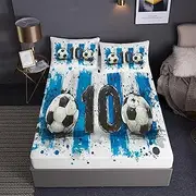 Soccer Ball Prints Fitted Sheet Set Hand-Drawn Sports Series Football Fans Bedding Set | with Fitted Sheet and 2 Pillowshams(3pcs) or Comforter(4pcs) (Double-3PCS,A)