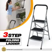 Black 3 Step Folding Ladder Sturdy Iron Step Stool Soft-Grip Handle 330lbs Pedal