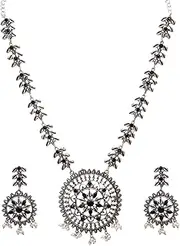 [Efulgenz] Indian Jewelry Set Oxidized Choker Necklace Earrings Set Indian Oxidized Jewelry Antique Boho Black Crystal Faux Pearl Round Leaf Floral Necklace Dangle Earrings Bohemian Statement Jewelry