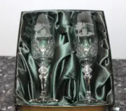 GALWAY IRISH CRYSTAL BRIDE & GROOM TOASTING CHAMPAGNE FLUTES/ORIGINAL CASE- NIB