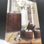 Flask Set 6pc BROWN LEATHER WRAPPPED With 4 Shot Glasses By Le Regalo. T5