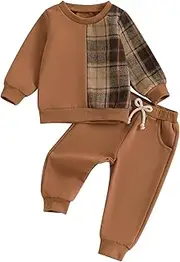 [Bufarromio] Autumn Baby Boys 2pcs Outfits Classic Plaid Print Patchwork Long Sleeves Tops Drawstring Pockets Pants Toddler Boy Clothes Set