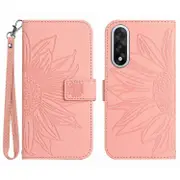 Compatible For OnePlus Nord 5 5G Case Sunflower Imprint Leather Wallet Phone Cover with Wrist Strap Pink