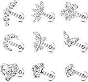 [Sanfenly] 9Pcs 16G Cartilage Stud Set - Tragus Helix Conch Internally Threaded Labret Cubic Zirconia Piercing - Butterfly Moon Gold Silver for Women