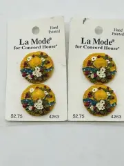 Vintage La Mode Concord House Hand Painted Straw Hat Buttons Flowers Set 4 New