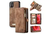 CaseMe For Apple iPhone 12 Mini Zipper & Detachable Retro Leather Pouch Wallet Flip Purse Bag Detachable Phone Case Cover (Brown)