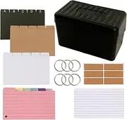 Index Card Box, 12.5 x 7.6 cm, 15 Index Cards + 180 Coloured Inner Lining + 50 White Inner Lining with 6 Book Rings and 6 Stickers, Index Card Box for On The Go Learning Notes School Supplies Office