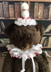 TINY WHITE HEART PRINT ON RED CLOWN COLLAR AND HAT HANDCRAFTED FOR TEDDY BEARS