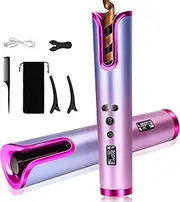 Automatic Curling Iron Cordless Hair Curlers Portable Ceramic Barrel Beach Waver Rotating Curling Iron with 6 Temperature & LCD Timer Settings Fast Heating Curling Wand for Women (Pink)