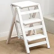 Folding Wooden Step Stool, Household Solid Wood Step Ladder, load up 100kg, Multi-Function Ladder Chair with Anti-Slip Wide Pedals, Portable Storage Rack for Ladders, Stools, Bookcases(White,3 layers)