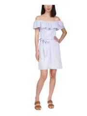 MICHAEL KORS Womens White Belted Elastic Waist Flutter Sleeve Short Dress L