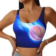 [EdWal] Blue Fire Basketball Ball Print Women's Sports Bra, Active Sculpt, Women's Racerback Sports Bra for Yoga Gym,Racerback