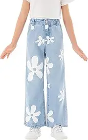 [WDIRARA] Girl's Floral Print High Waist Button Wide Leg Jeans Long Denim Pants