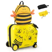 Costway 2PCS Ride On Suitcase Set 18" +12" Luggage Set Travel Trolley Carry On Bag Bee Yellow