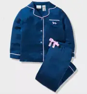NEW PETER ALEXANDER NAVY POLY SATIN LONG SLEEVE TOP & PANTS PJ SET JNR 5 $79.95