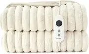 [Dreamaker] Chunky Embossed Fleece Heated Throw Safety 3-Hours Auto Power Off, 9 Heat Setting, Detachable Controller, Energy Efficient, Machine Washable Winter Blanket - Soft Plush Natural 180x200cm
