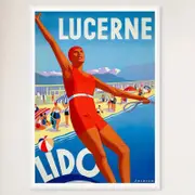 Galrie Lucerne Lido Switzerland Vintage Travel Poster Stunning Wall Art for Home, Office, White Frame, A2 42x 60cm (16 x 24inch)