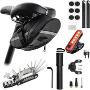 AaiLucky Bicycle Saddle Bag with LED Tail Light, Bike Tire Repair Tool Kits, Mini Bike Pump, 16 in 1 Multitool, Bicycle Tyre Lever, Patches for Road MTB BMX Bikes, Large Capacity & Waterproof