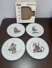 Sakura Debbie Mumm 8" Salad Plates Sledding Character Set of 4 NEW in Box