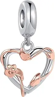 [MiniJewelry] Silver Rose Gold Love Heart Rose Flower Butterfly Dangle Charm Compatible with Pandora Charms Bracelets