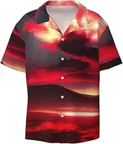 [DRTGEDS] Red Sky at Night Starry Mens Casual Button Down Shirt Short Sleeve Cuban Shirts Printed Summer Shirt