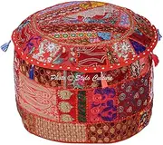 Stylo Culture Round Ethnic Cotton Patchwork 45 cm Embroidered Ottoman Stool Pouf Cover Red Floral Bean Bag Pouf Foot Rest Indian Decor