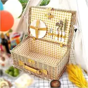 2 Person Picnic Basket Set - Willow Wicker Hamper with Plates, Flatware, Wine Glasses, Corkscrew | Outdoor Dining for Camping, Beach, Garden