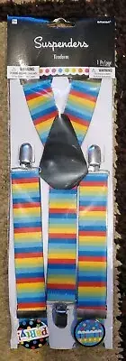 Rainbow Clown Suspenders with Party Buttons & Bow - Adjustable. NEW in package.