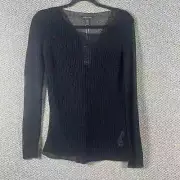 Eileen Fisher Linen Blend Top Womens Size XS Black Open Knit Bateau Neck Casual