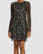 $265 Aidan Mattox Women's Black Sequin Pattern Long Sleeve Mini Dress Size 8