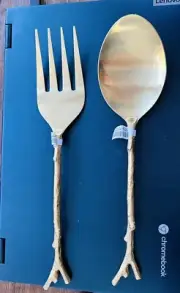 NEW Sur La Table 2 piece Forged Serving Spoon And Fork Set Gold Twig