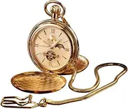 [Wesseldon] Esprit du Temps Automatic Pocket Watch - Gold Metal, Spring Cover, Mineral Glass, 24 Hour/Day Night Display, Hour Indices, Fluorescent Hands, gold, classic" or "traditional