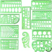 BetyBedy 11PCS Geometric Drawings Templates, Drafting Stencils Measuring Tools, Plastic Clear Green Ruler Shapes with a Zipper Bags for Architecture, Office, Studying, Designing and Building