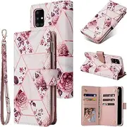 UEEBAI Wallet Case for iPhone 11 6.1 inch, Premium PU Leather Case Magnetic Closure Geometric Marble Pattern Handbag Zipper Pocket Case Kickstand Card Slots Shockproof Flip Case - Pink Flower