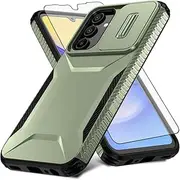 [Asuwish] Phone Case for Samsung Galaxy A15 5G/4G with Tempered Glass Screen Protector and Slide Camera Cover Slim Rugged Hybrid Shockproof Protective Hard Cell Accessories A 15 G5 15A Men Army Green