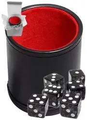 (6) 16mm Transparent Black Glitter Dice + PU Leather Red Felt Lined Cup Boxed