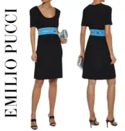 EMILIO PUCCI Contrast Belted Black-Blue Stretch-Wool Dress US 2-4 / IT 38 $1950