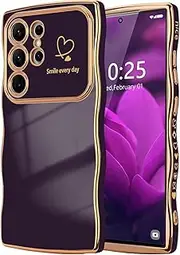 [ELEPIK] for Samsung Galaxy S23 Ultra Case for Women Girls, Cute Wave Frame Curly Shape with Love Heart, Raised Camera Protection, Luxury Plating Shockproof for Galaxy S23 Ultra Phone Case, Dark Purple