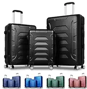 [ALFORDSON] 3PCs Hardside Luggage Set with ABS & PC Hardshell and TSA Combination Lock, 20" 24" and 28" Suitcases Set with 360 Degree Wheel Spinner, Carry-on & Checked Baggages 3-Piece Pack, Dina Black