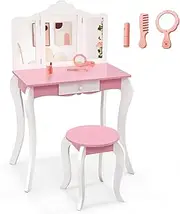 HONEY JOY Kids Vanity Table and Chair Set, 2-in-1 Kids Pretend Play Makeup Dressing Table Set with Tri-Folding Mirror, Detachable Top, Stool, Wooden Kids Vanity Table & Stool Set for Bedroom
